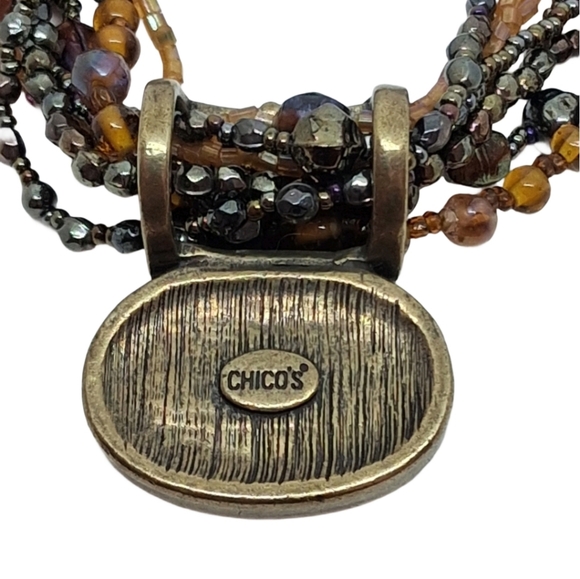 Chico's Multi-Strand Earth Tone Beaded Necklace with Abstract Resin Pendant - Picture 7 of 8